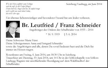 Traueranzeige von Franz Schneider von Schwäbische Post