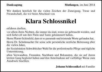 Traueranzeige von Klara Schlossnikel von Gmünder Tagespost