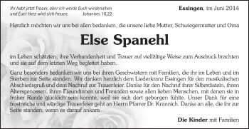 Traueranzeige von Else Spanehl von Schwäbische Post