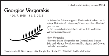 Traueranzeige von Georgios Vergerakis von Gmünder Tagespost