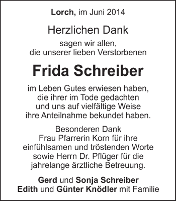 Traueranzeige von Frida Schreiber von Gmünder Tagespost