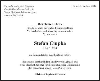Traueranzeige von Stefan Ciupka von Gmünder Tagespost
