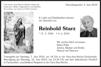 Traueranzeige von Reinhold Starz von Schwäbische Post