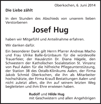 Traueranzeige von Josef Hug von Schwäbische Post