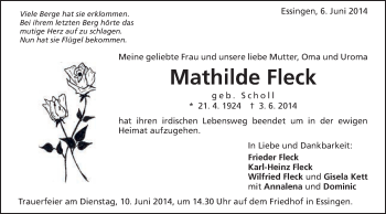 Traueranzeige von Mathilde Fleck von Schwäbische Post