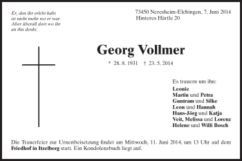 Traueranzeige von Georg Vollmer von Schwäbische Post