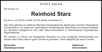 Traueranzeige von Reinhold Starz von Schwäbische Post