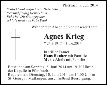 Traueranzeige von Agnes Krieg von Gmünder Tagespost