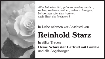 Traueranzeige von Reinhold Starz von Schwäbische Post