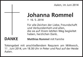 Traueranzeige von Johanna Rommel von Schwäbische Post