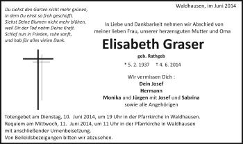 Traueranzeige von Elisabeth Graser von Schwäbische Post