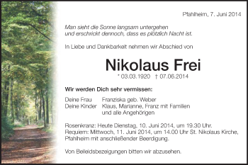 Traueranzeige von Nikolaus Frei von Schwäbische Post