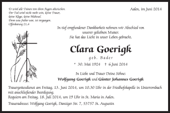 Traueranzeige von Clara Goerigk von Schwäbische Post