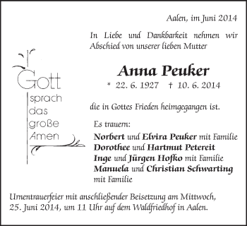 Traueranzeige von Anna Peuker von Schwäbische Post