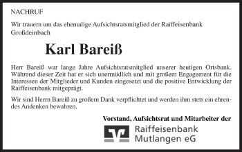 Traueranzeige von Karl Bareiß von Gmünder Tagespost
