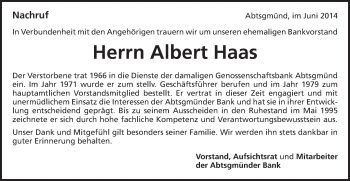 Traueranzeige von Albert Haas von Schwäbische Post