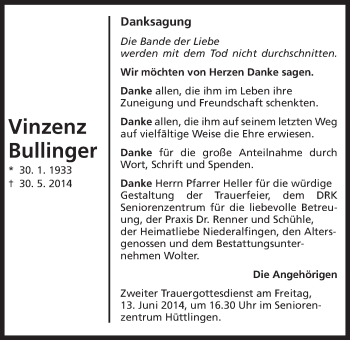 Traueranzeige von Vinzenz Bullinger von Schwäbische Post