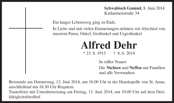 Traueranzeige von Alfred Dehr von Gmünder Tagespost
