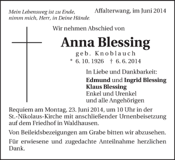 Traueranzeige von Anna Blessing von Schwäbische Post