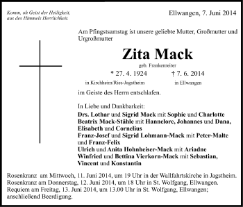 Traueranzeige von Zita Mack von Schwäbische Post