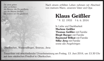 Traueranzeige von Klaus Geißler von Schwäbische Post
