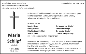 Traueranzeige von Maria Schlipf von Schwäbische Post