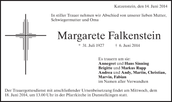 Traueranzeige von Margarete Falkenstein von Schwäbische Post