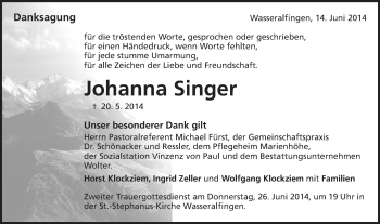 Traueranzeige von Johanna Singer von Schwäbische Post