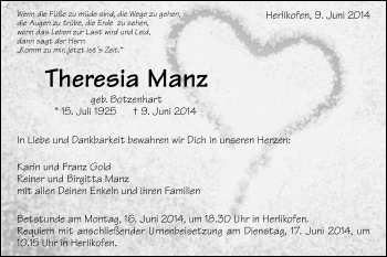 Traueranzeige von Theresia Manz von Gmünder Tagespost