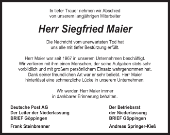 Traueranzeige von Siegfried Maier von Schwäbische Post