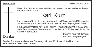 Traueranzeige von Karl Kurz von Schwäbische Post
