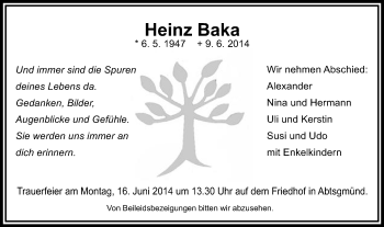 Traueranzeige von Heinz Baka von Schwäbische Post