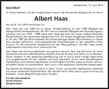 Traueranzeige von Albert Haas von Schwäbische Post