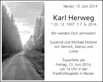 Traueranzeige von Karl Herweg von Schwäbische Post