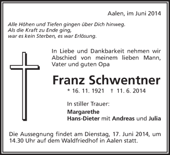 Traueranzeige von Franz Schwentner von Schwäbische Post