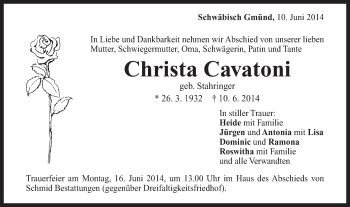 Traueranzeige von Christa Cavatoni von Gmünder Tagespost