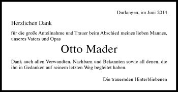 Traueranzeige von Otto Mader von Gmünder Tagespost