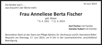 Traueranzeige von Anneliese Berta Fischer von Gmünder Tagespost
