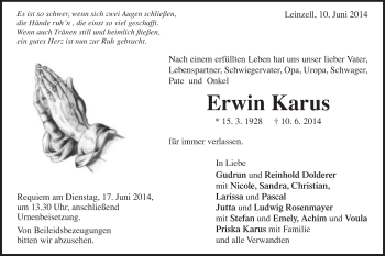 Traueranzeige von Erwin Karus von Gmünder Tagespost