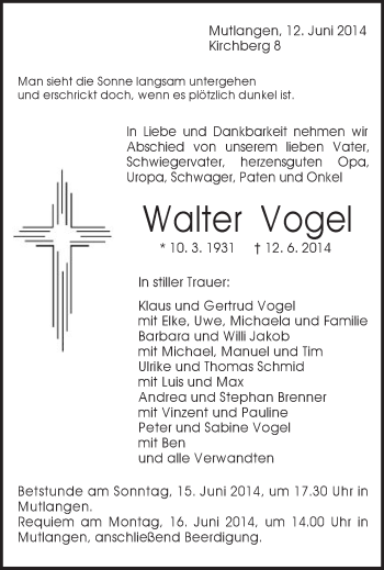 Traueranzeige von Walter Vogel von Gmünder Tagespost
