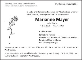 Traueranzeige von Marianne Mayer von Schwäbische Post