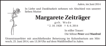 Traueranzeige von Margarete Zeiträger von Schwäbische Post