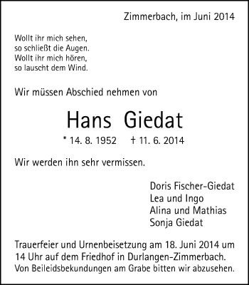 Traueranzeige von Hans Giedat von Gmünder Tagespost