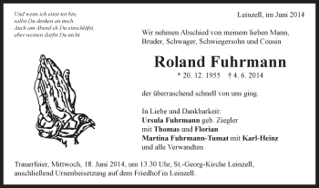 Traueranzeige von Roland Fuhrmann von Gmünder Tagespost