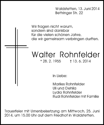 Traueranzeige von Walter Rohnfelder von Gmünder Tagespost