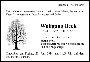 Traueranzeige von Wolfgang Beck von Gmünder Tagespost