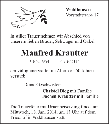 Traueranzeige von Manfred Krautter von Gmünder Tagespost