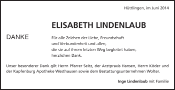 Traueranzeige von Elisabeth Lindenlaub von Schwäbische Post