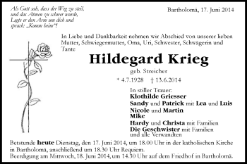 Traueranzeige von Hildegard Krieg von Gmünder Tagespost