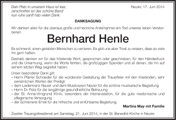 Traueranzeige von Bernhard Henle von Schwäbische Post